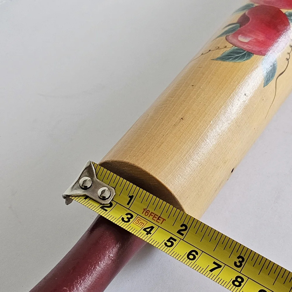 Vintage Decorative Wooden Rolling Pin with Red Apple Rustic Farmhouse Design